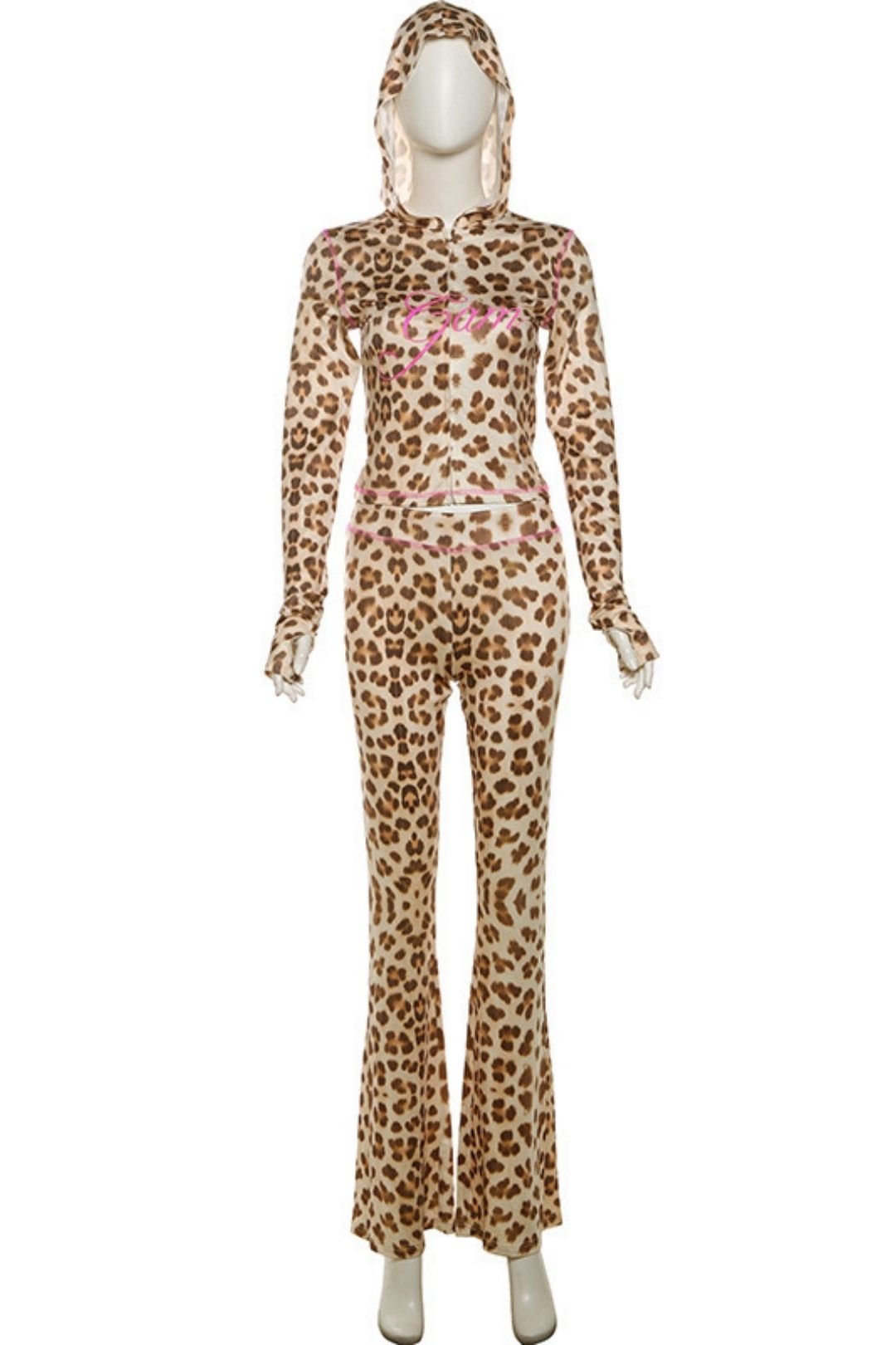 Printed Hooded Cardigan Top Leopard Print High Waist Tight Trousers Suit
