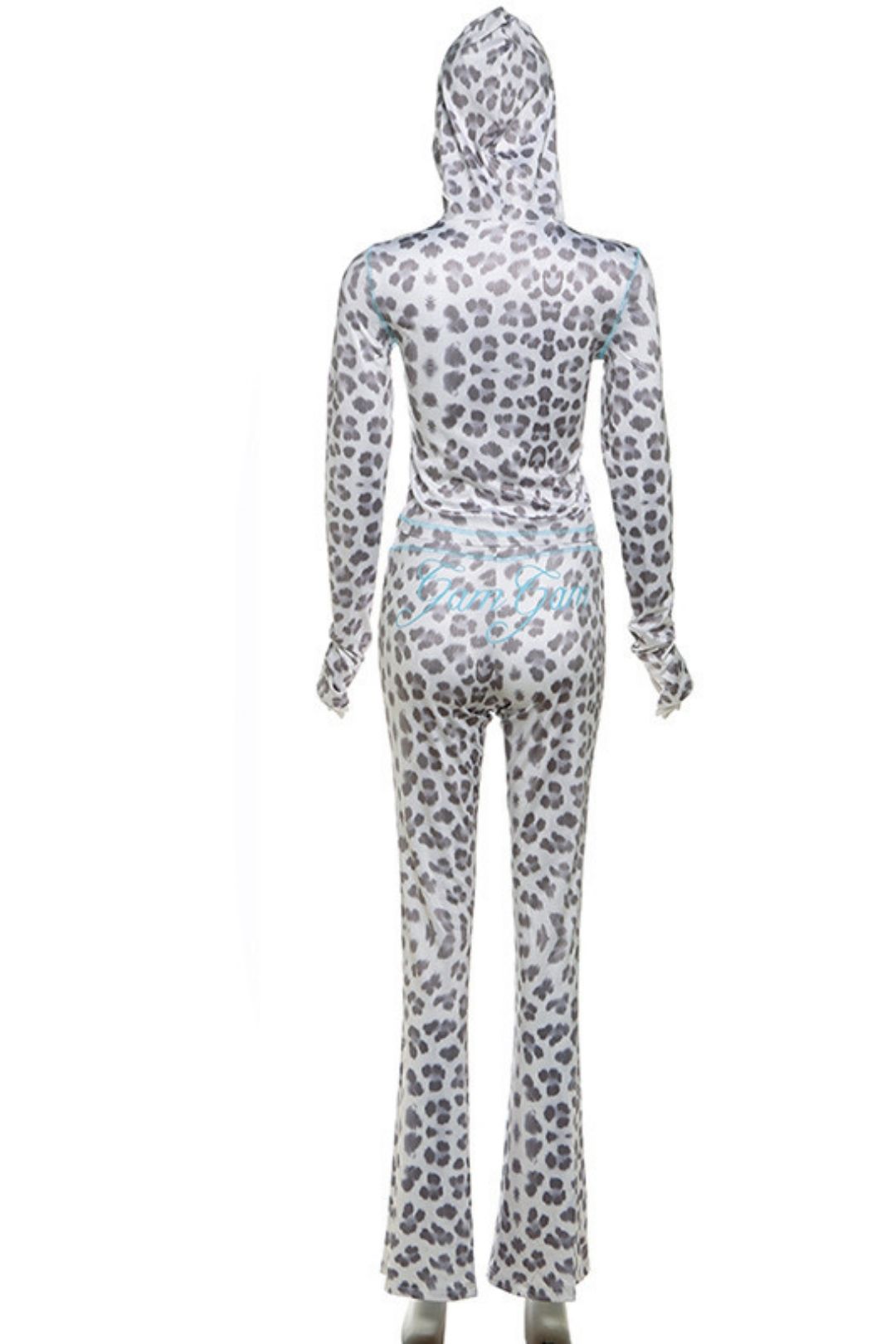 Printed Hooded Cardigan Top Leopard Print High Waist Tight Trousers Suit