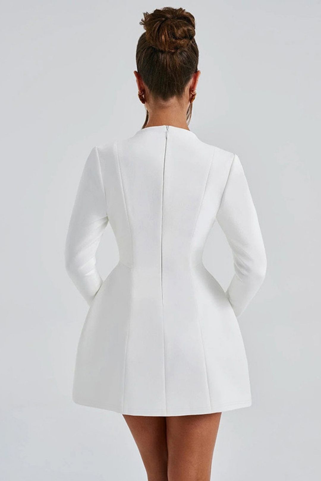 V-neck Back Zipper Solid Color Long-sleeved Dress