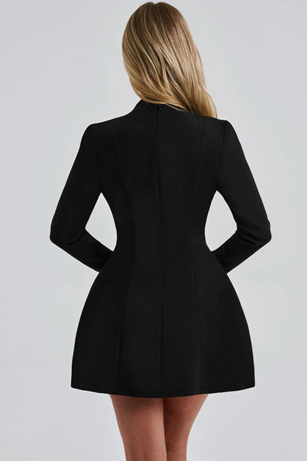 V-neck Back Zipper Solid Color Long-sleeved Dress