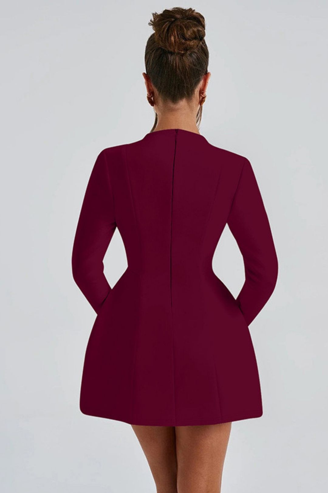V-neck Back Zipper Solid Color Long-sleeved Dress