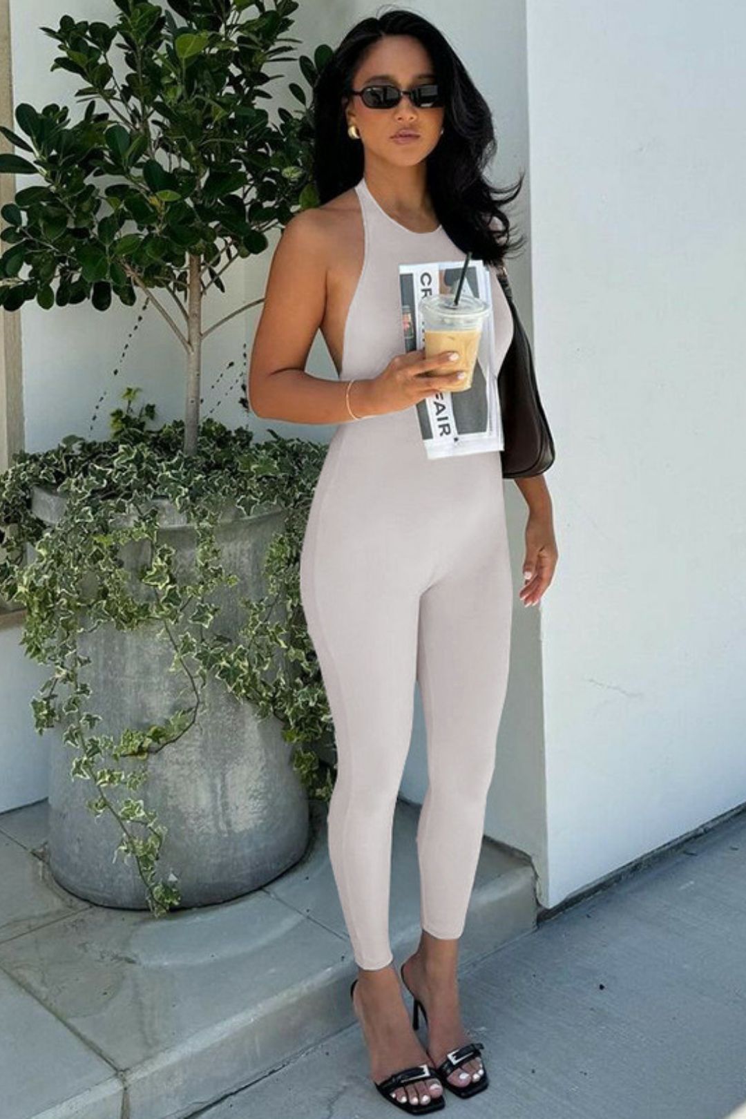 Sexy High-waisted Lace-up Slim-fit Solid Color Sleeveless Jumpsuit