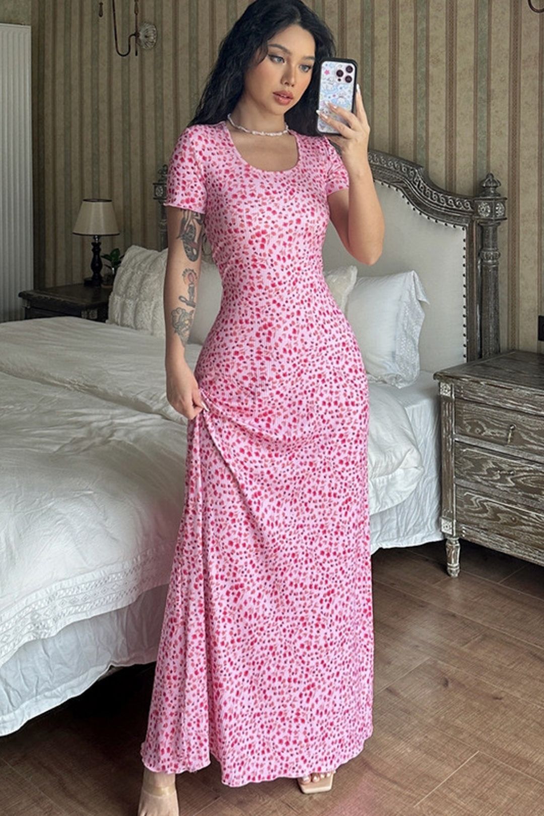 Printed U-neck Back Strap Short-sleeved Dress