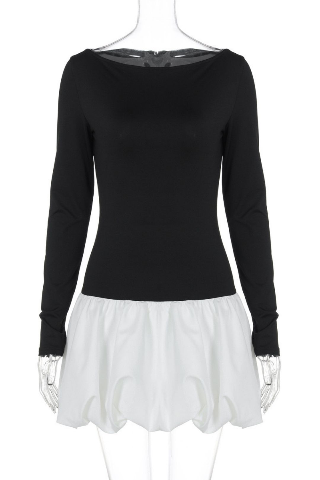 Sexy Round Neck Splicing Solid Color Long-sleeved Short Skirt