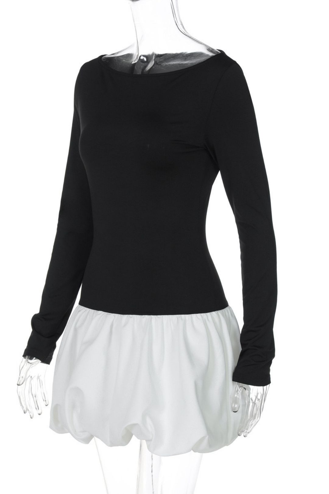 Sexy Round Neck Splicing Solid Color Long-sleeved Short Skirt