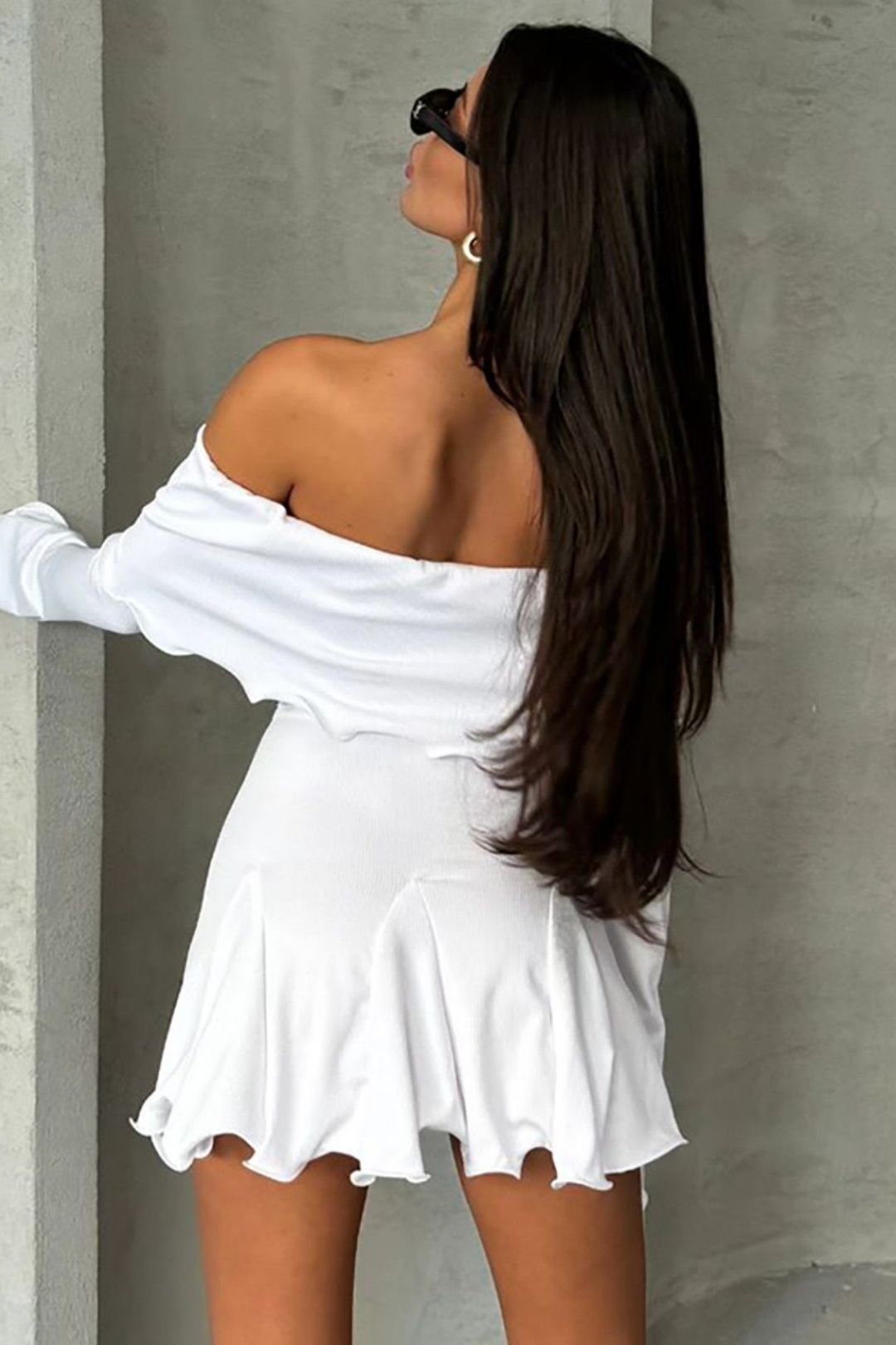 Slim Ruffled Hip-covering Off-shoulder Long-sleeved Dress