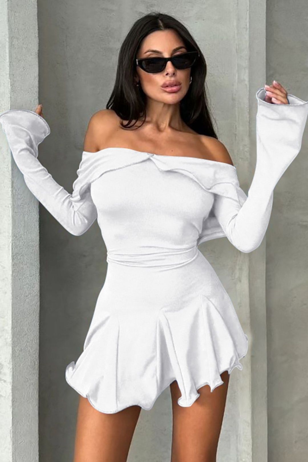 Slim Ruffled Hip-covering Off-shoulder Long-sleeved Dress