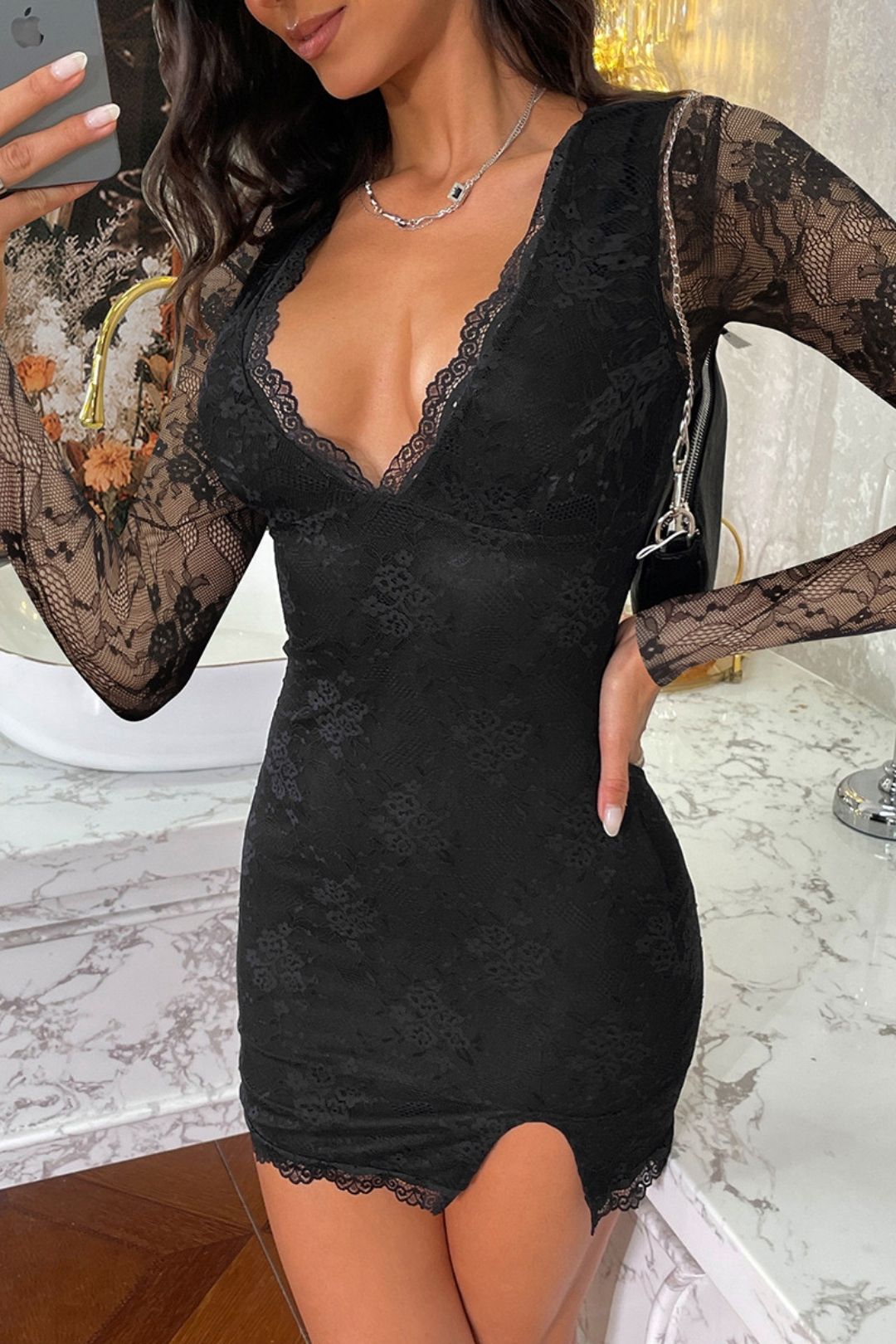 Sexy Mesh Splicing Long Sleeve Hip Dress