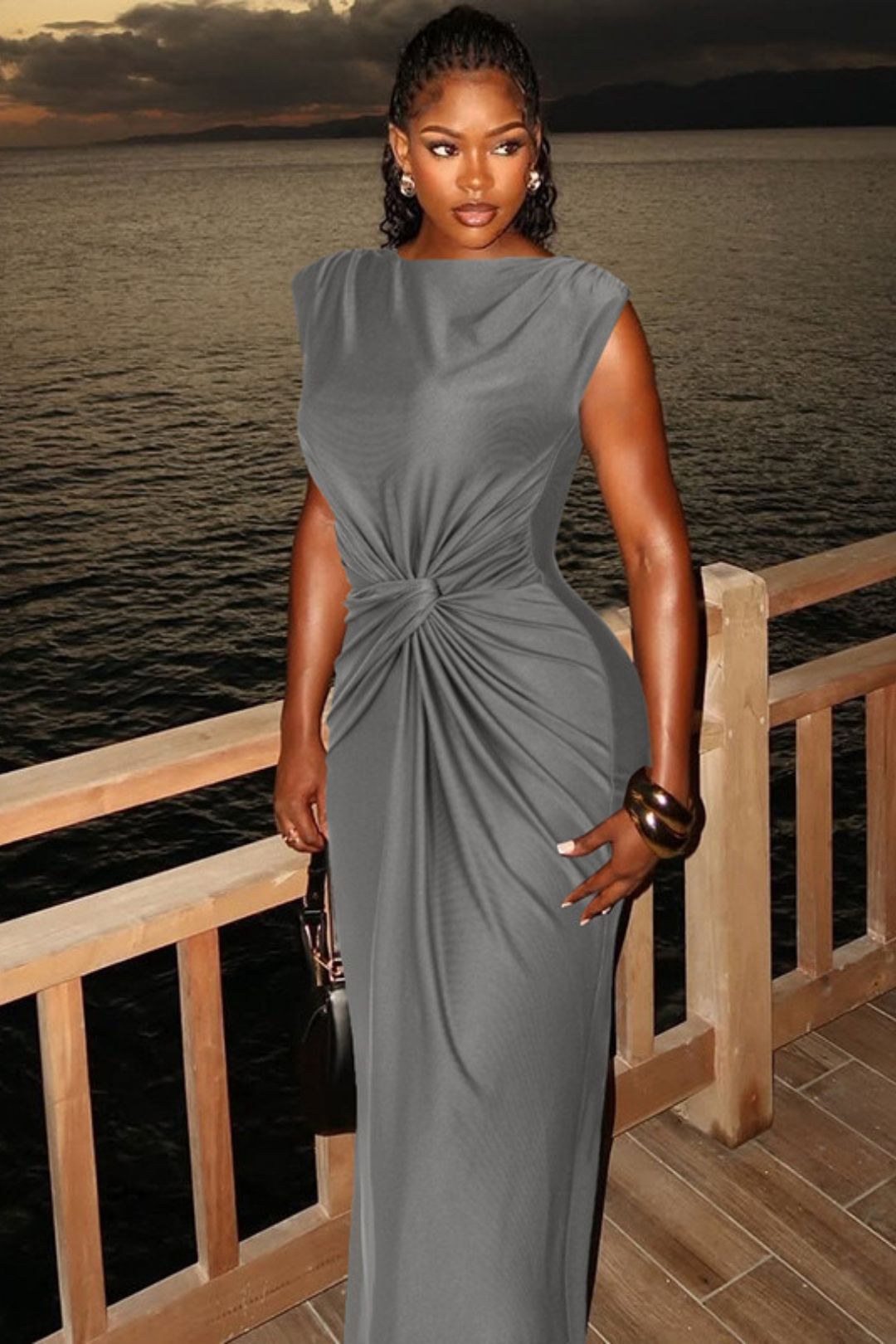 Slim Pleated Solid Color Sleeveless Dress