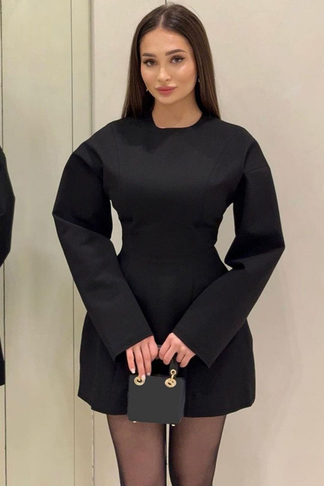 Round Neck Waist Zipper Long Sleeve Dress