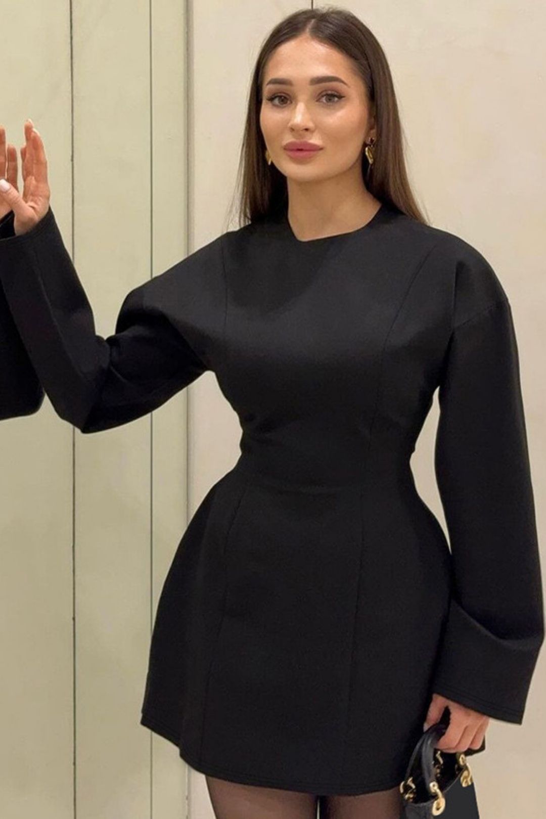 Round Neck Waist Zipper Long Sleeve Dress