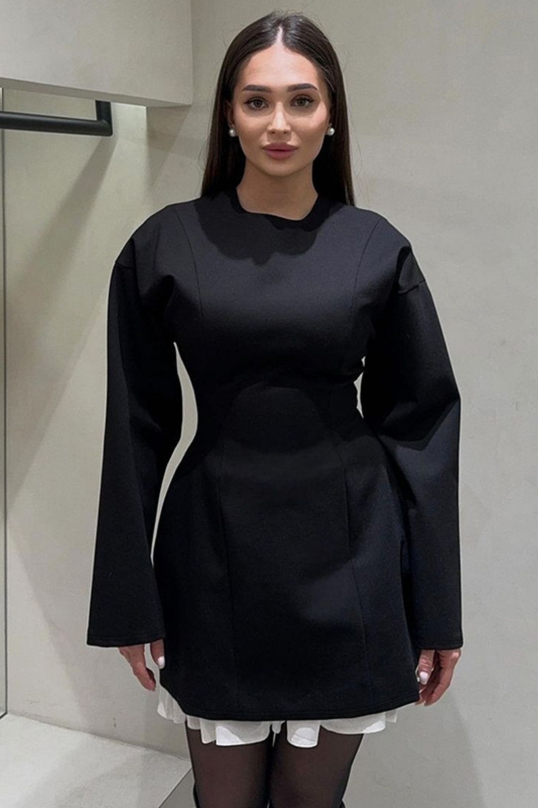 Round Neck Waist Zipper Long Sleeve Dress