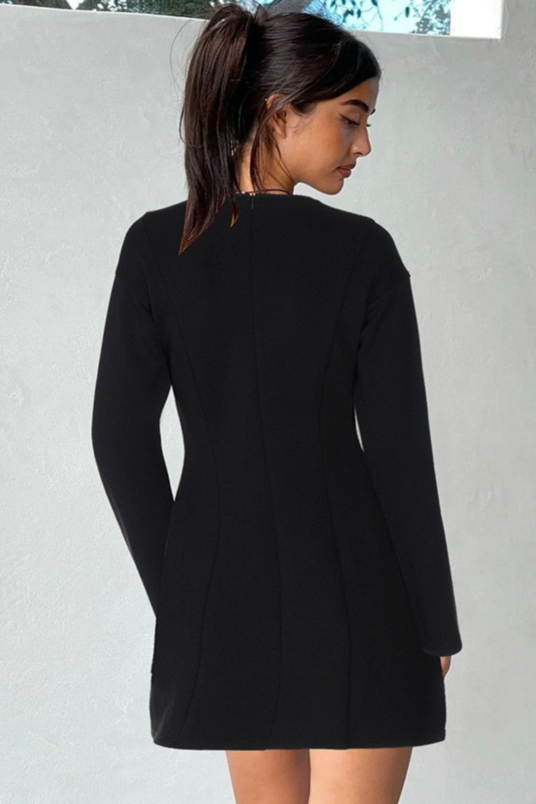 Round Neck Waist Zipper Long Sleeve Dress