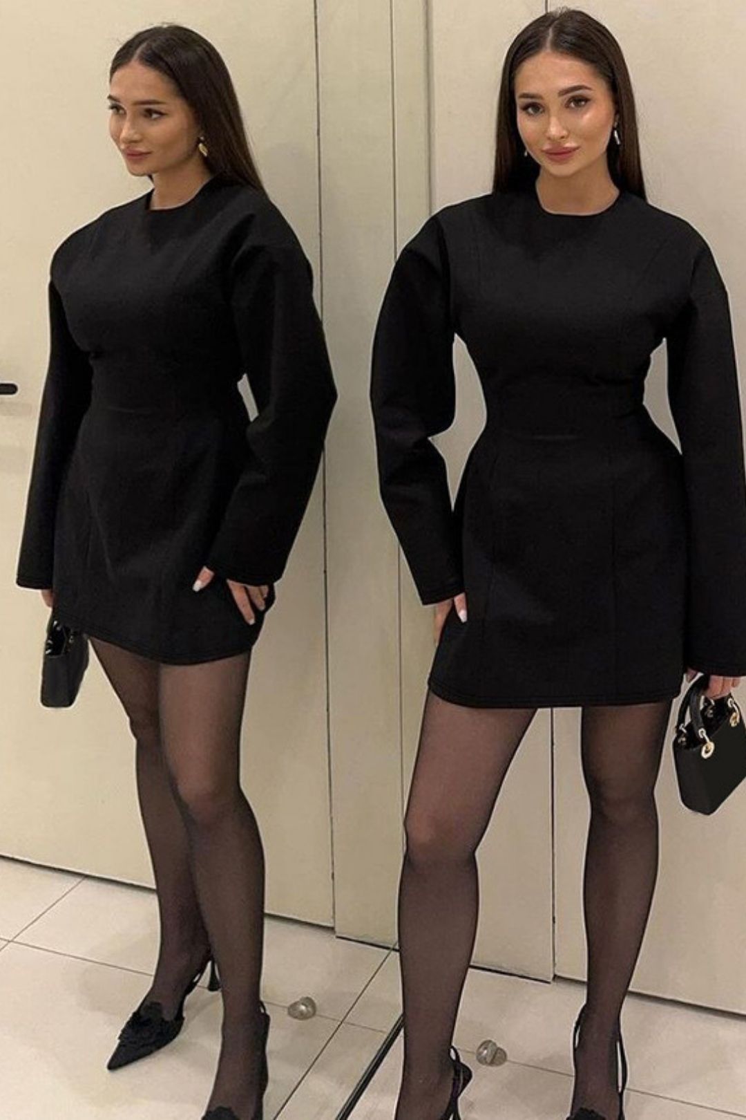 Round Neck Waist Zipper Long Sleeve Dress