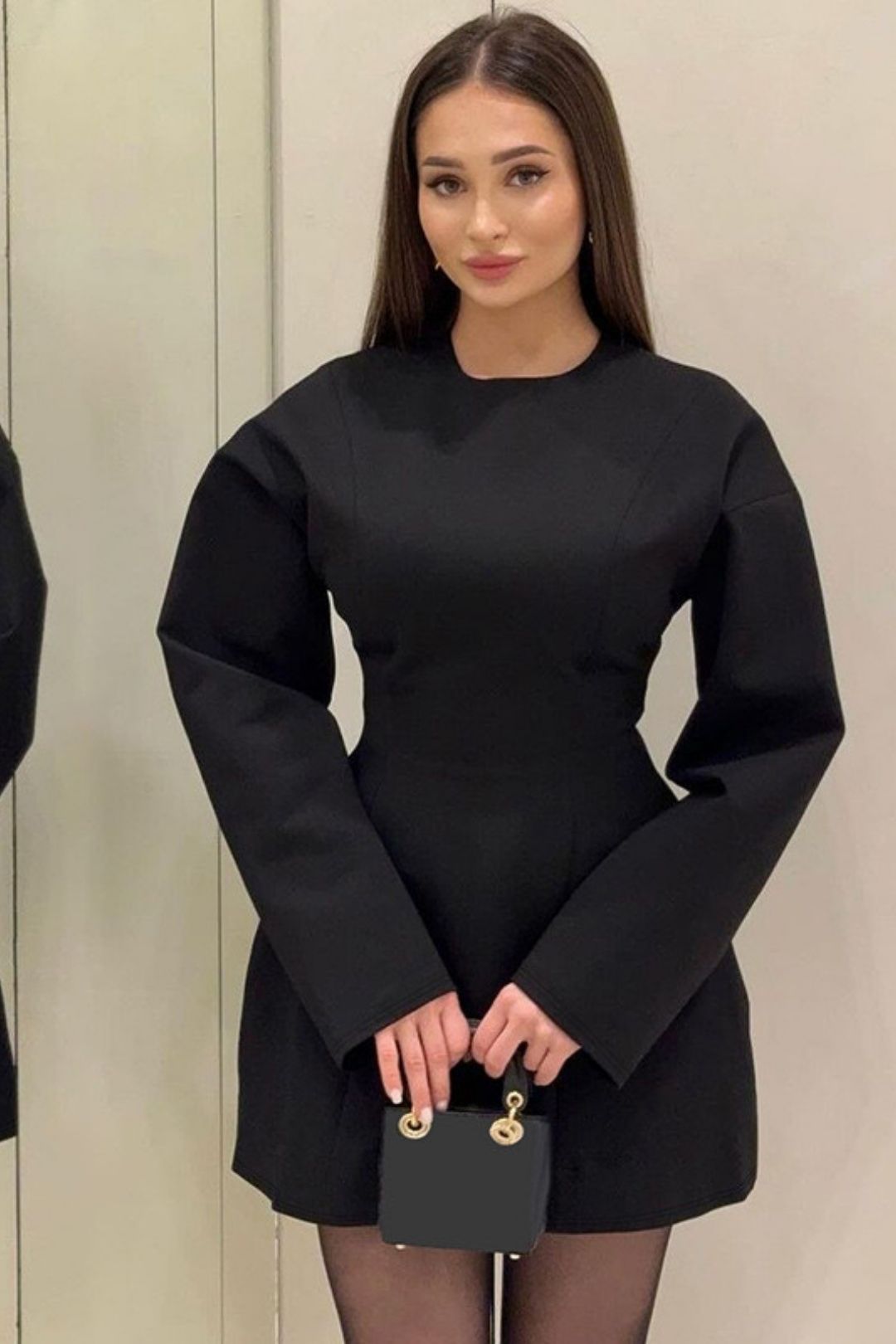 Round Neck Waist Zipper Long Sleeve Dress
