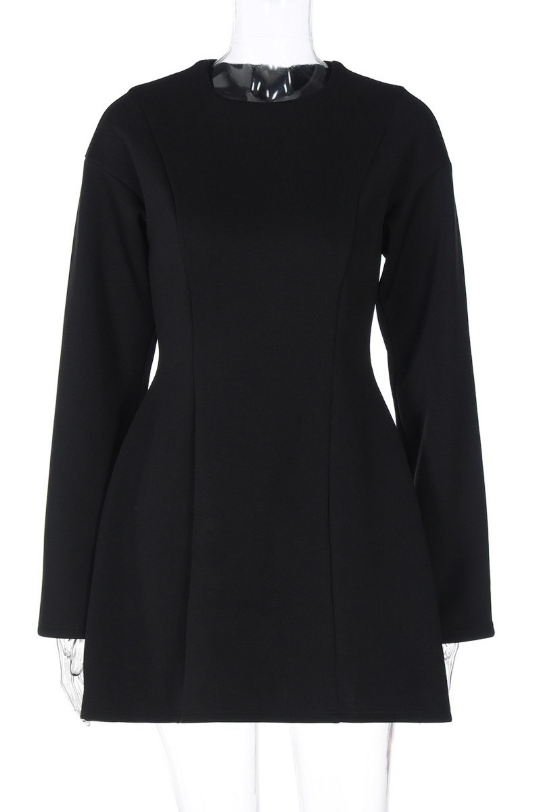 Round Neck Waist Zipper Long Sleeve Dress