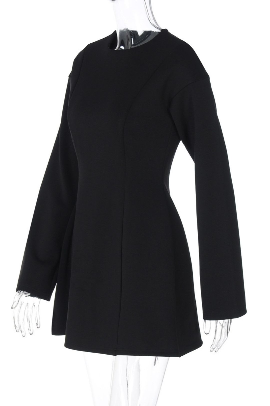 Round Neck Waist Zipper Long Sleeve Dress