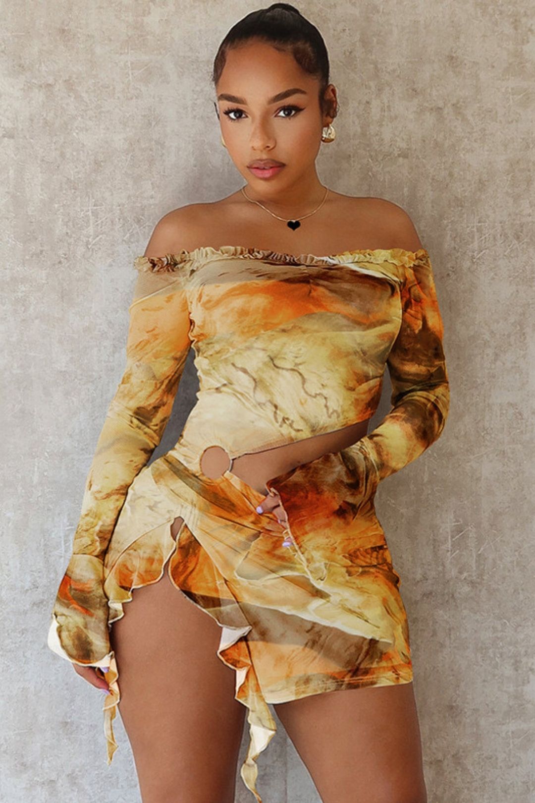 Printed Mid-waist Hollow Slim Slit Long Sleeve Dress