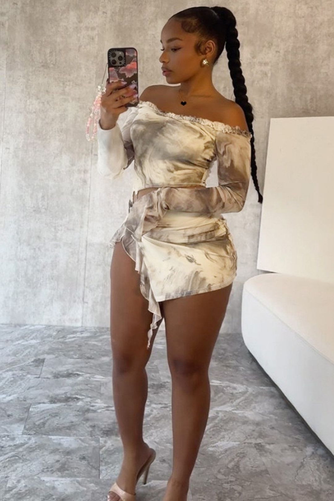 Printed Mid-waist Hollow Slim Slit Long Sleeve Dress