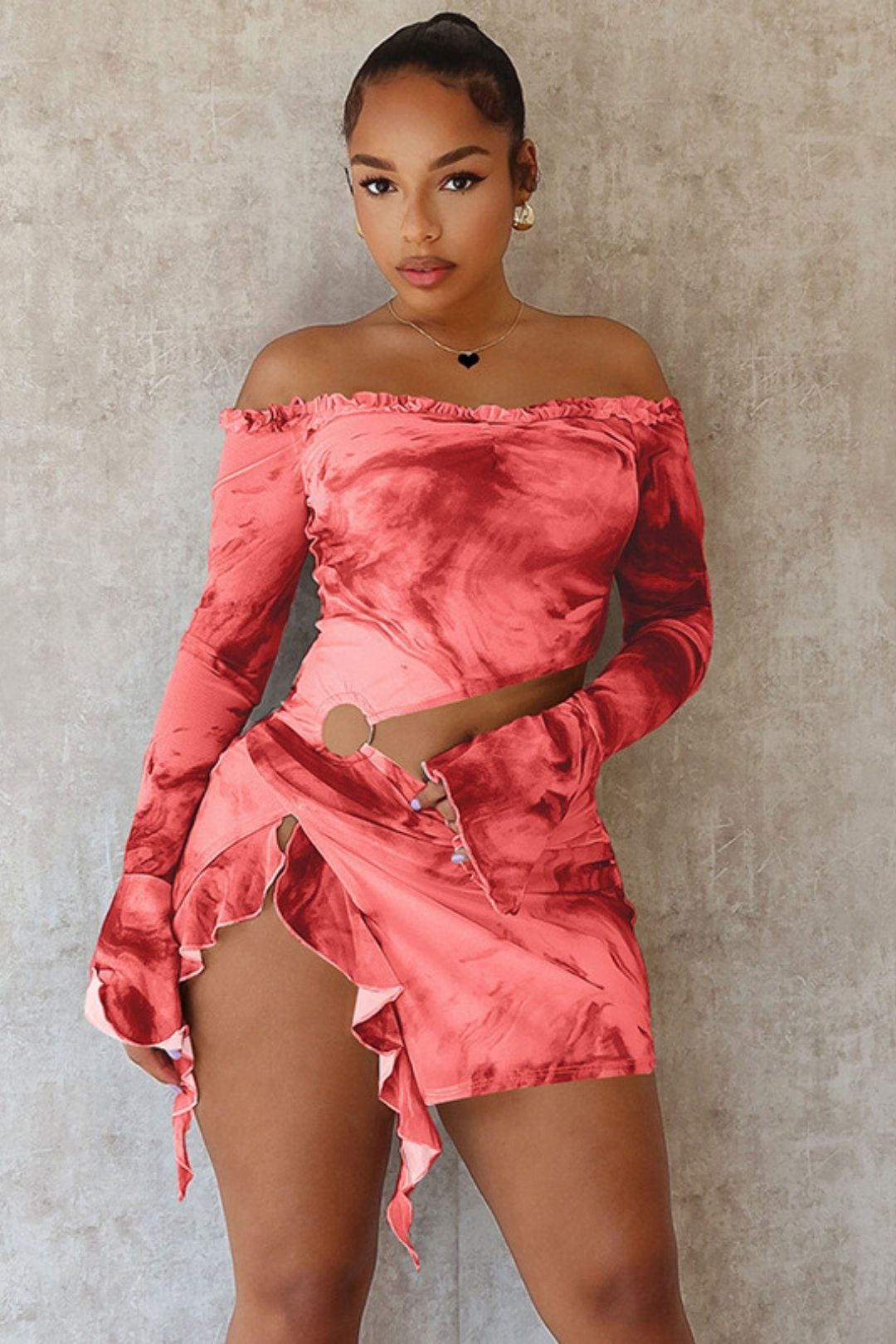 Printed Mid-waist Hollow Slim Slit Long Sleeve Dress