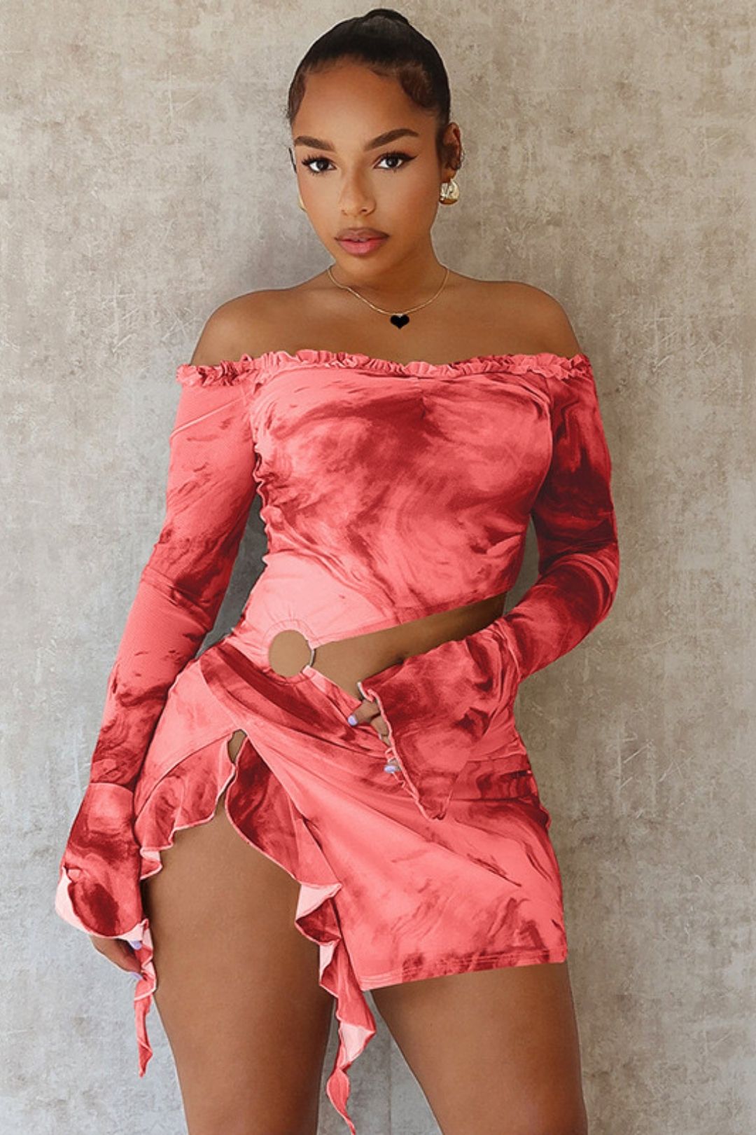 Printed Mid-waist Hollow Slim Slit Long Sleeve Dress