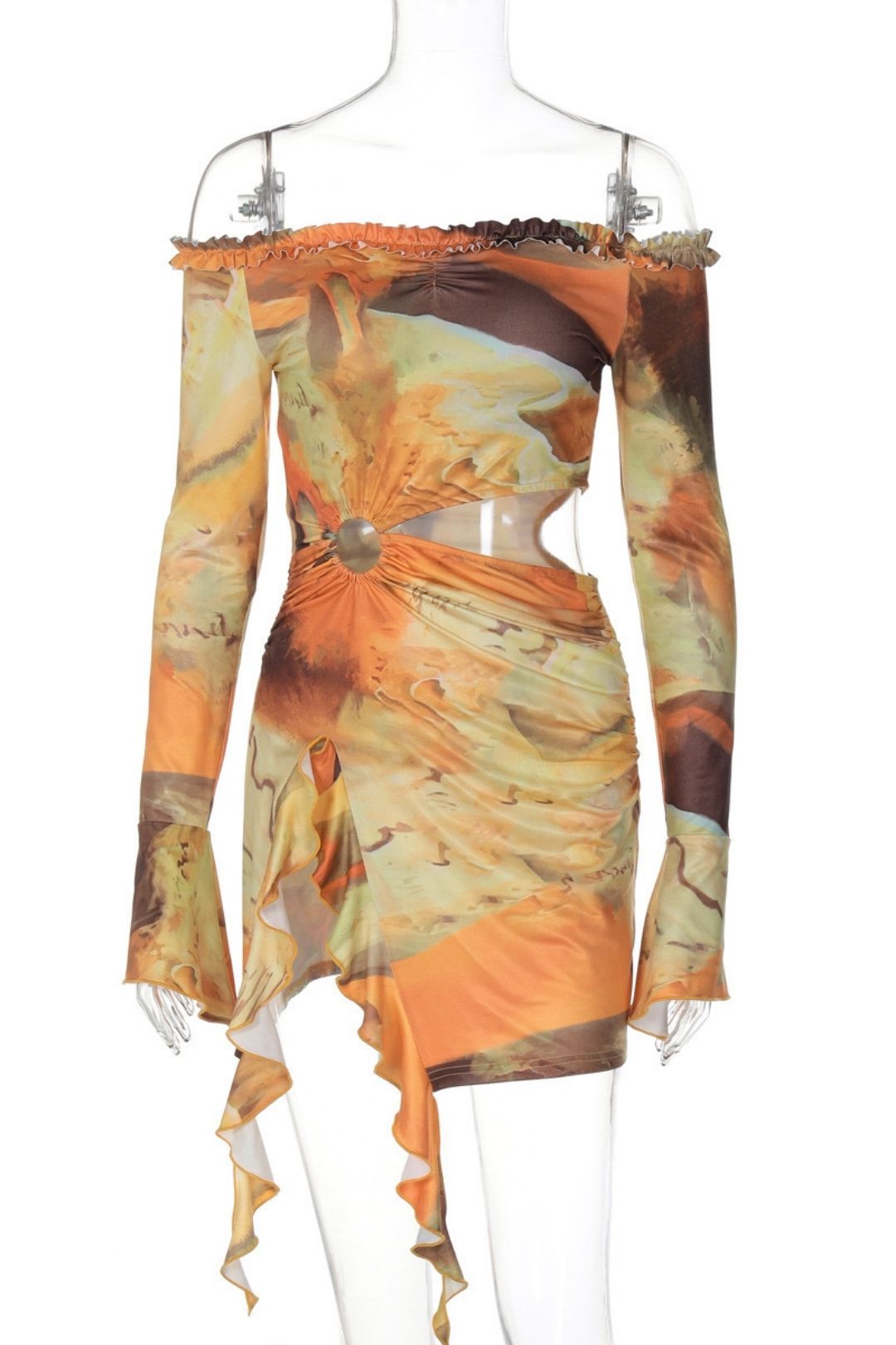 Printed Mid-waist Hollow Slim Slit Long Sleeve Dress