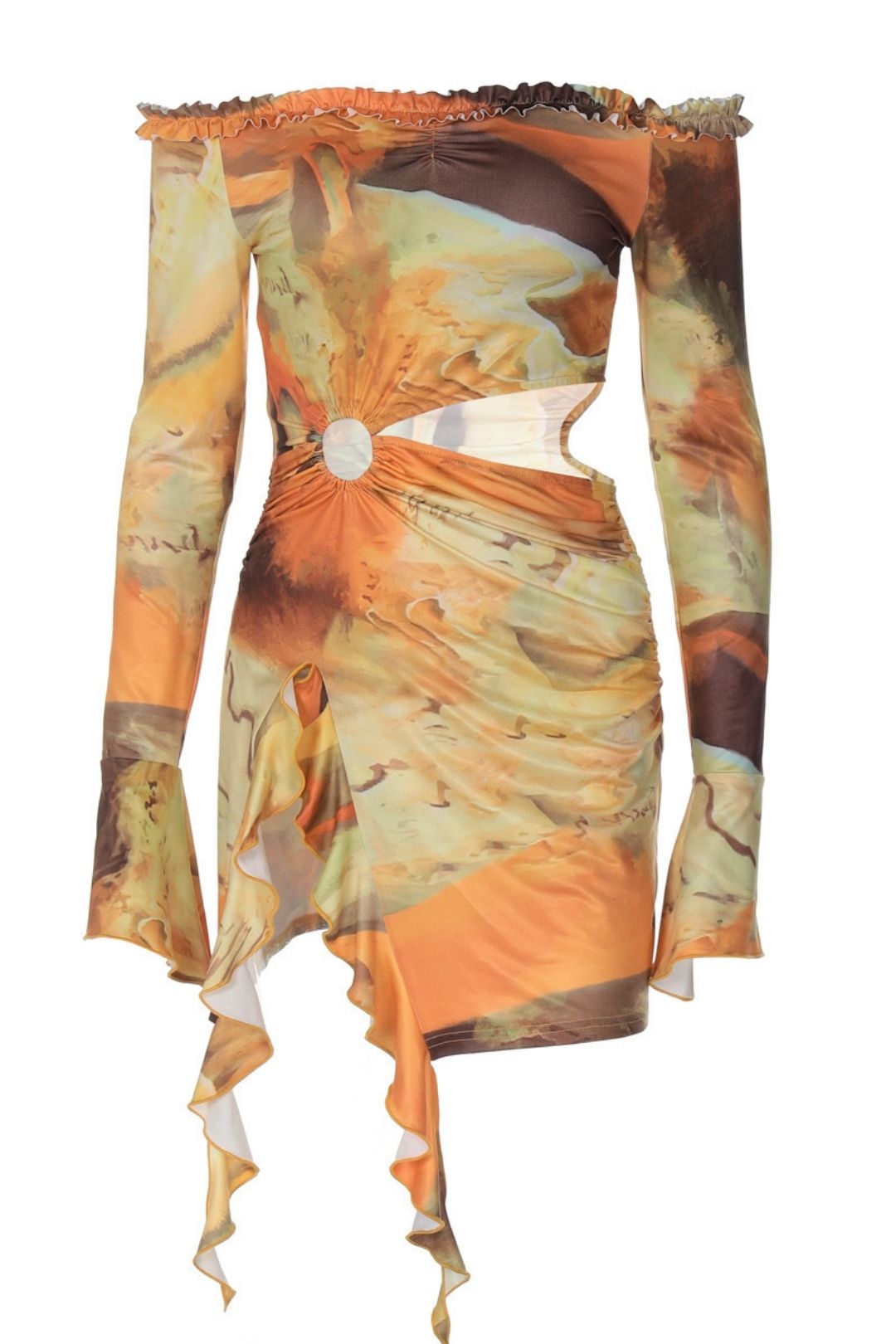 Printed Mid-waist Hollow Slim Slit Long Sleeve Dress