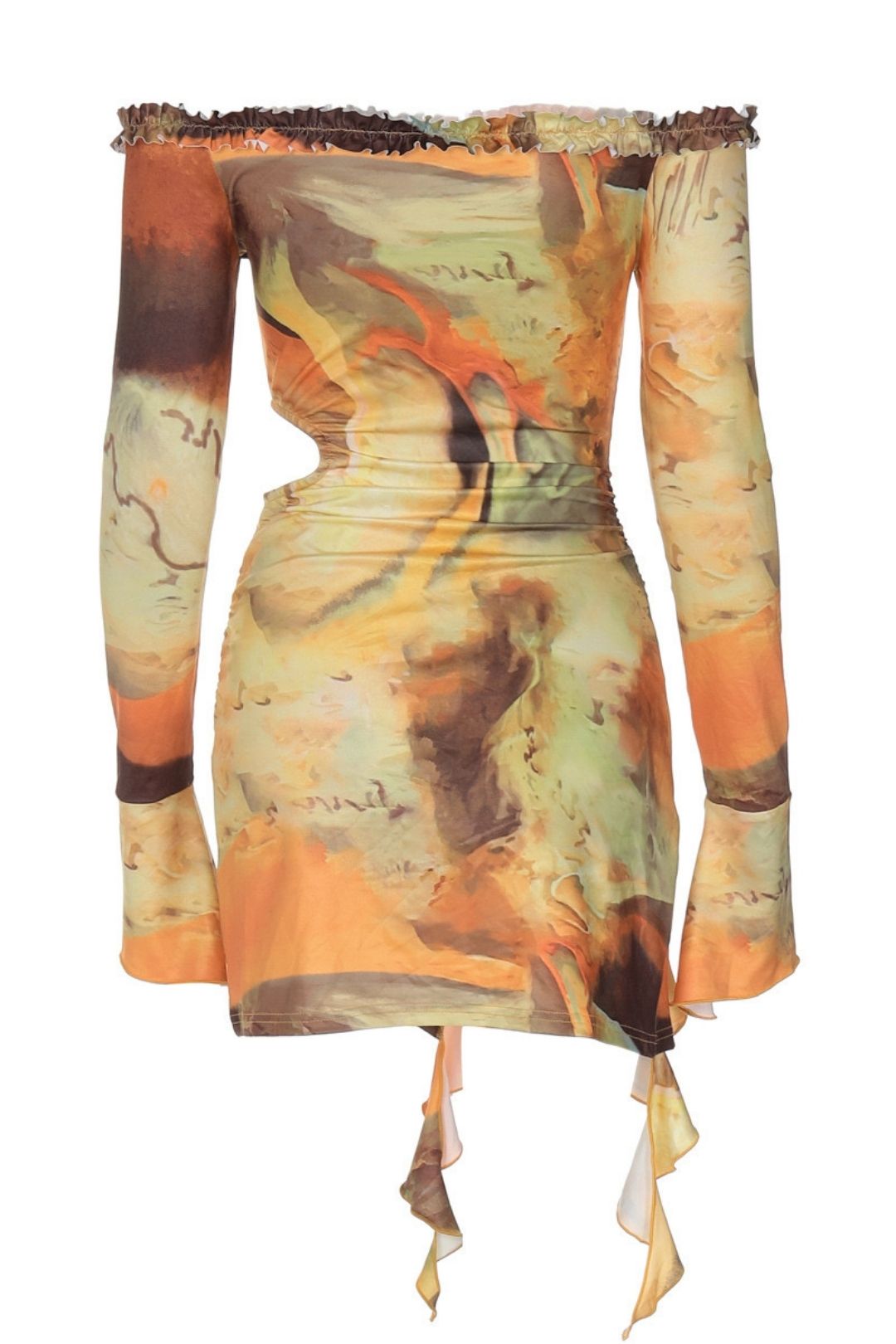 Printed Mid-waist Hollow Slim Slit Long Sleeve Dress