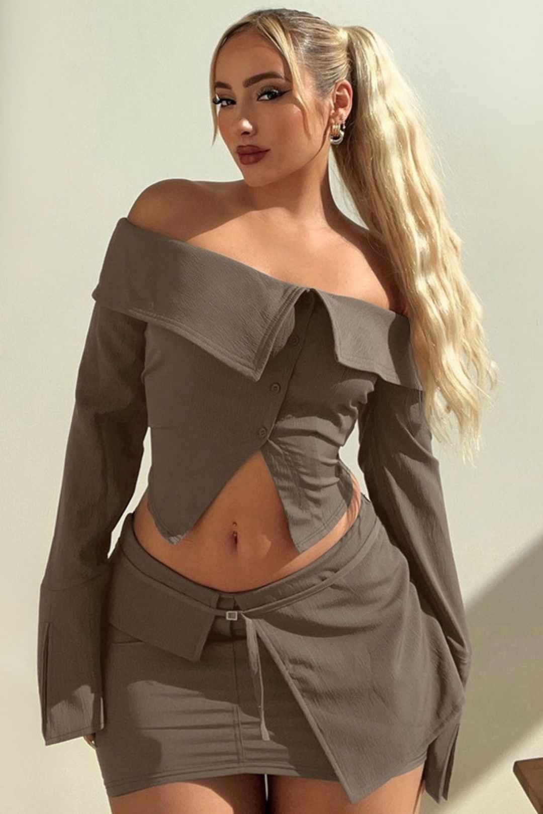 Cardigan Button-baring Long-sleeved Tops Slim Skirt Suit
