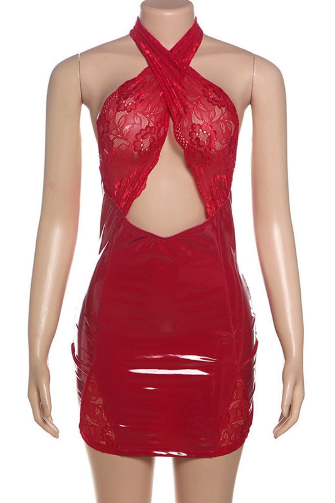 Sexy Hottie Hollow Halter Neck Backless Lace Splicing PU Leather Dress