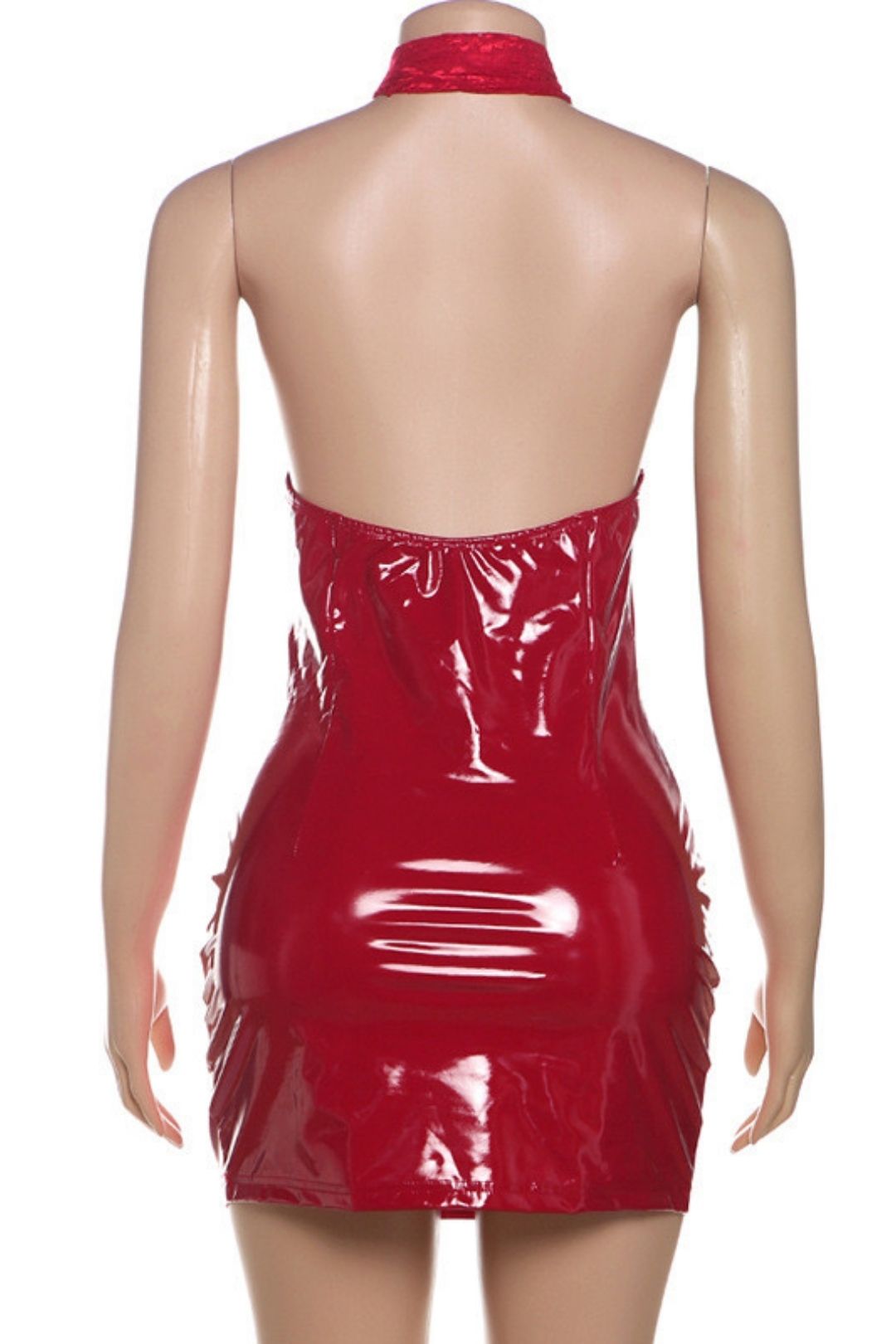 Sexy Hottie Hollow Halter Neck Backless Lace Splicing PU Leather Dress