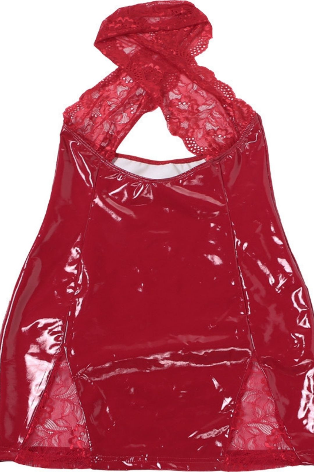 Sexy Hottie Hollow Halter Neck Backless Lace Splicing PU Leather Dress