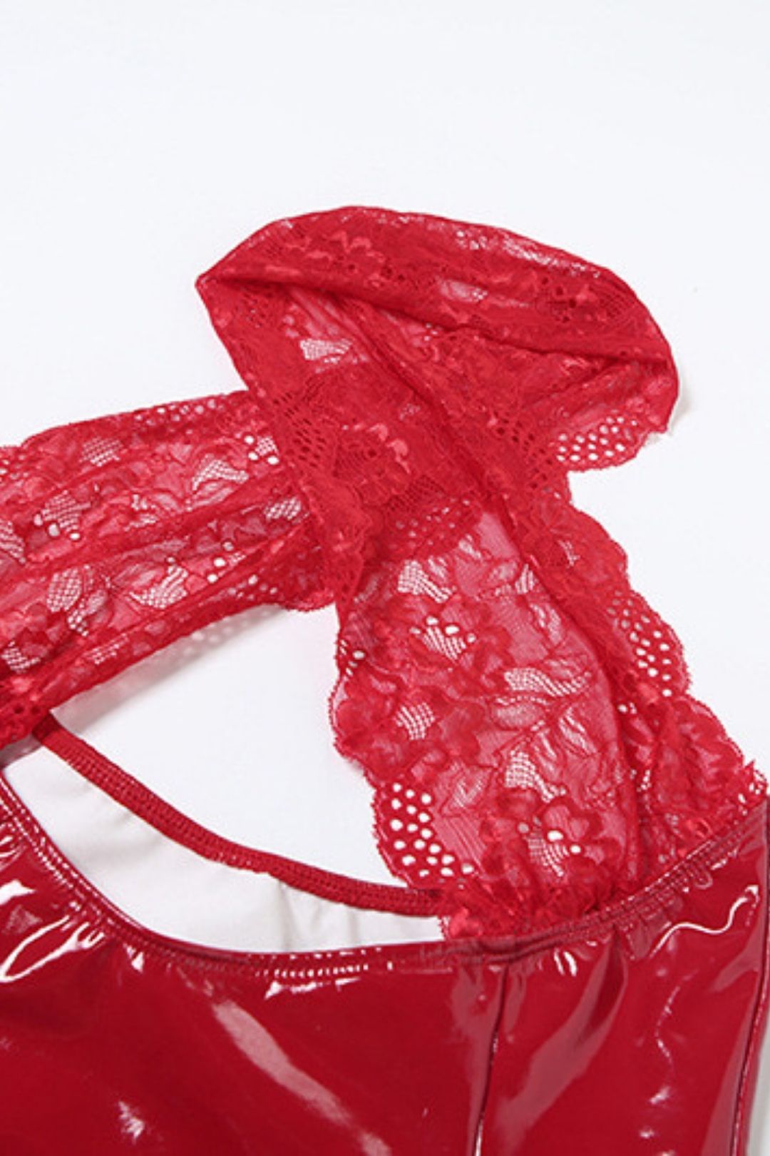 Sexy Hottie Hollow Halter Neck Backless Lace Splicing PU Leather Dress