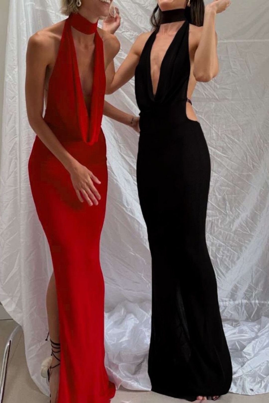 Sexy Halterneck V-neck Backless Side Slit Dress