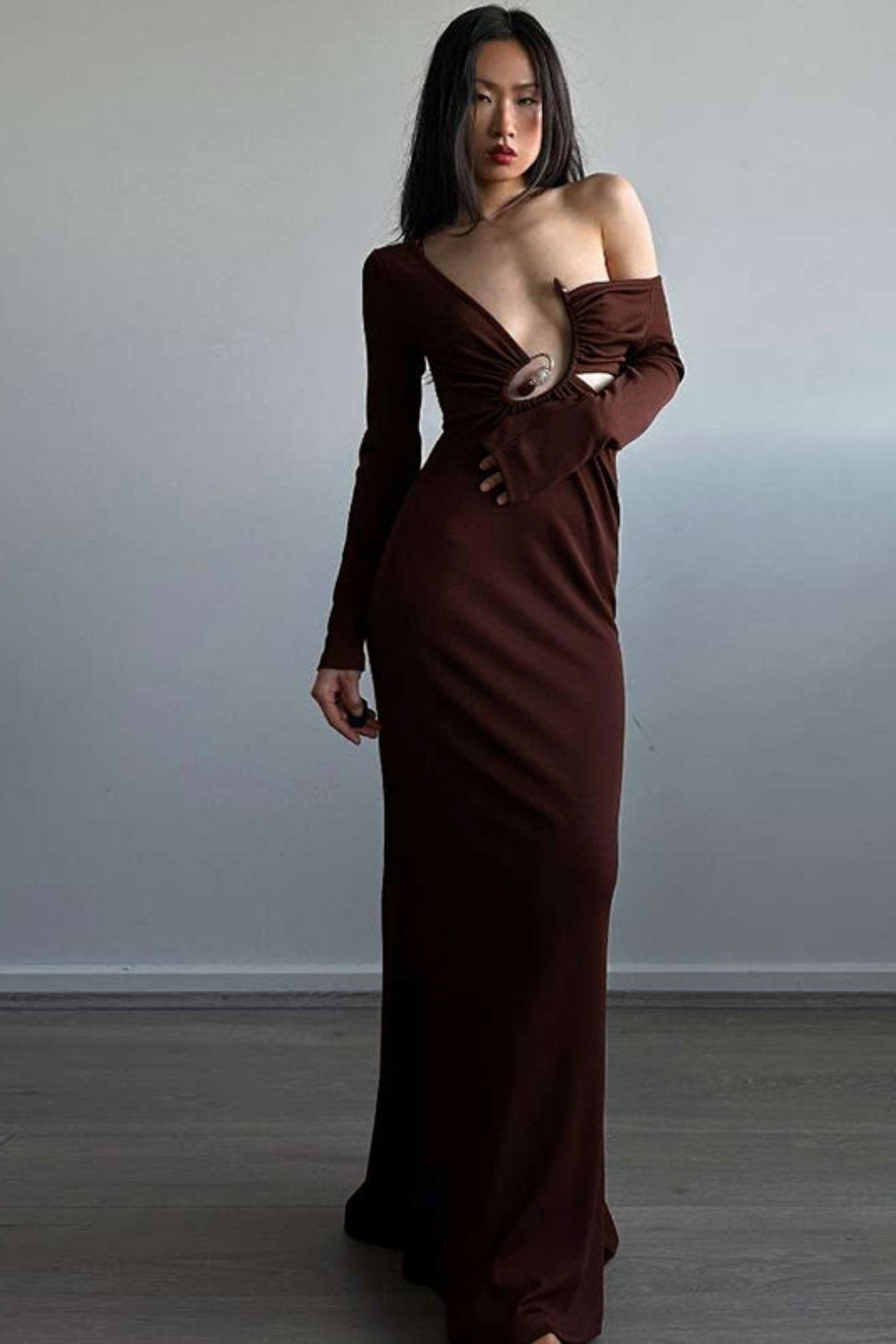 Sexy Hollow Pleated Slim Slim Long-sleeved Dress