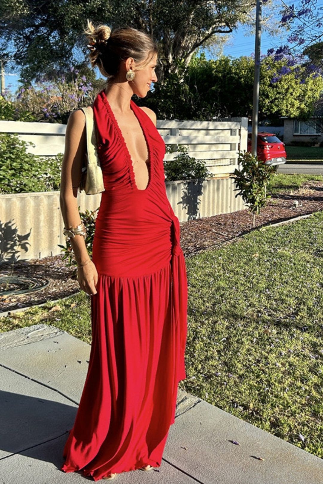 Sexy Backless Deep V-neck Pleated High Slit Dress