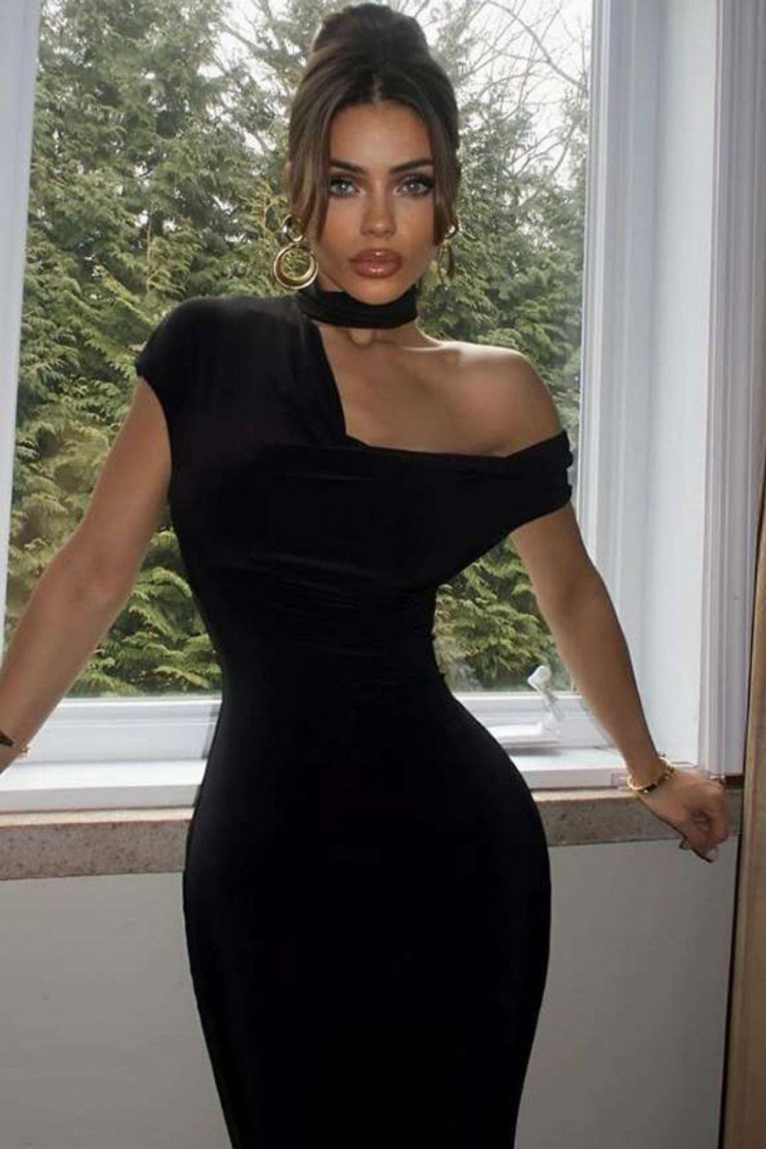Long Skirt Solid Color Slope Collar Off-shoulder Slim Dress