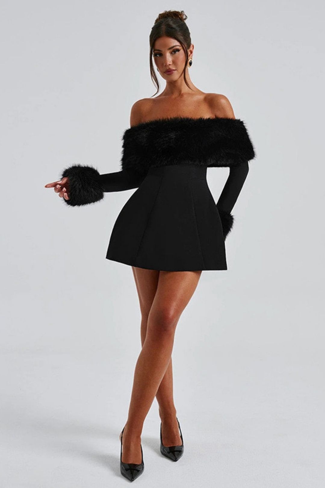 Sexy Fur Collar, One-shoulder Slimming A-line Dress