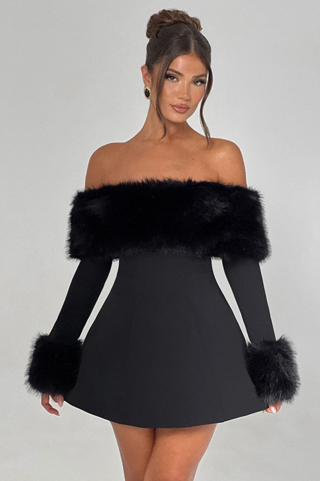 Sexy Fur Collar, One-shoulder Slimming A-line Dress