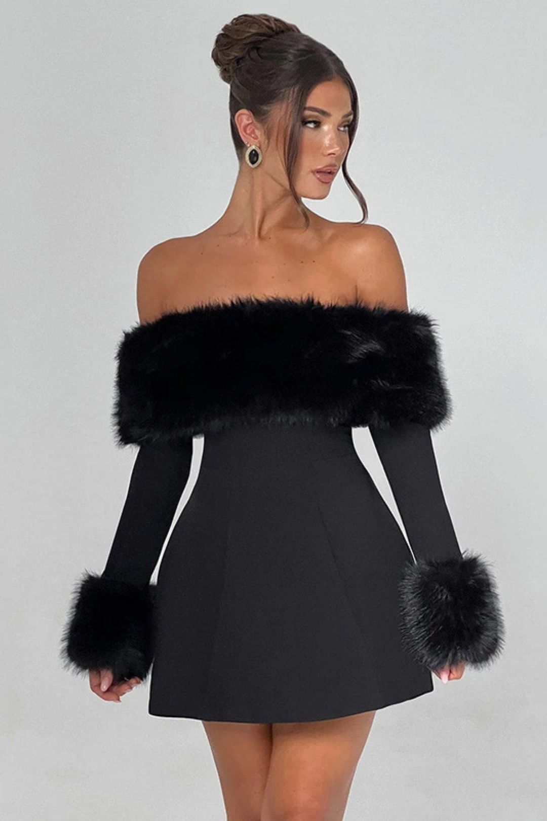 Sexy Fur Collar, One-shoulder Slimming A-line Dress