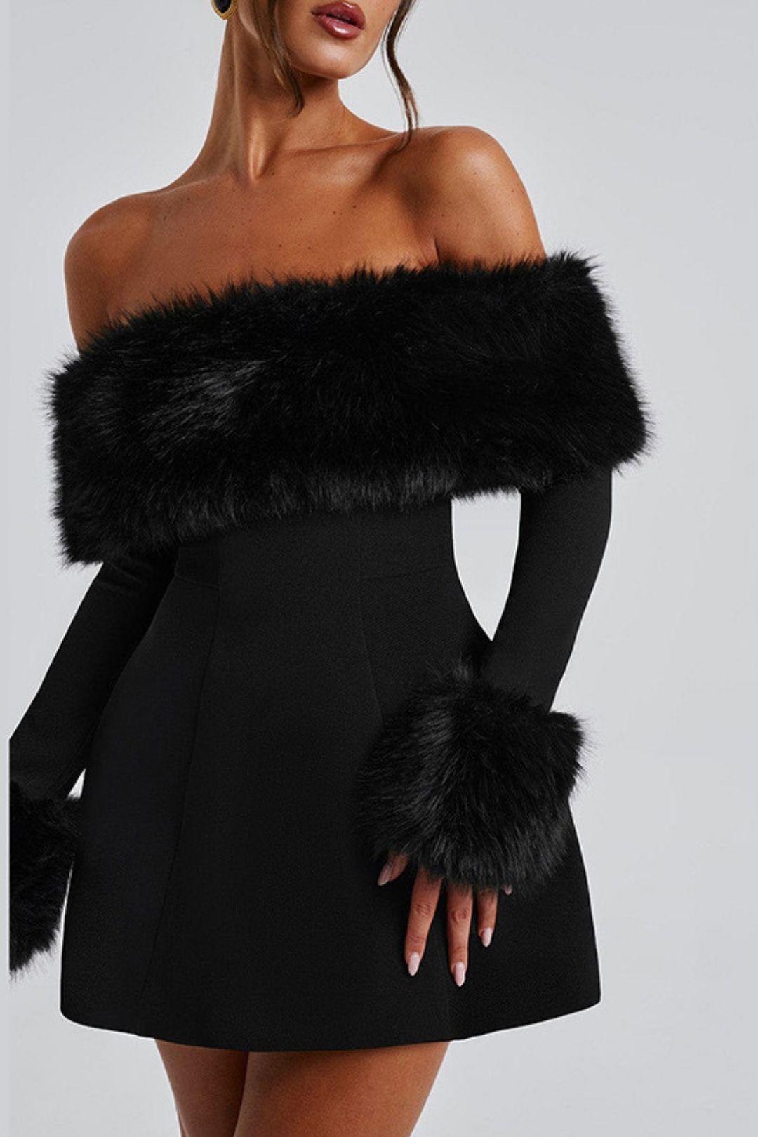 Sexy Fur Collar, One-shoulder Slimming A-line Dress