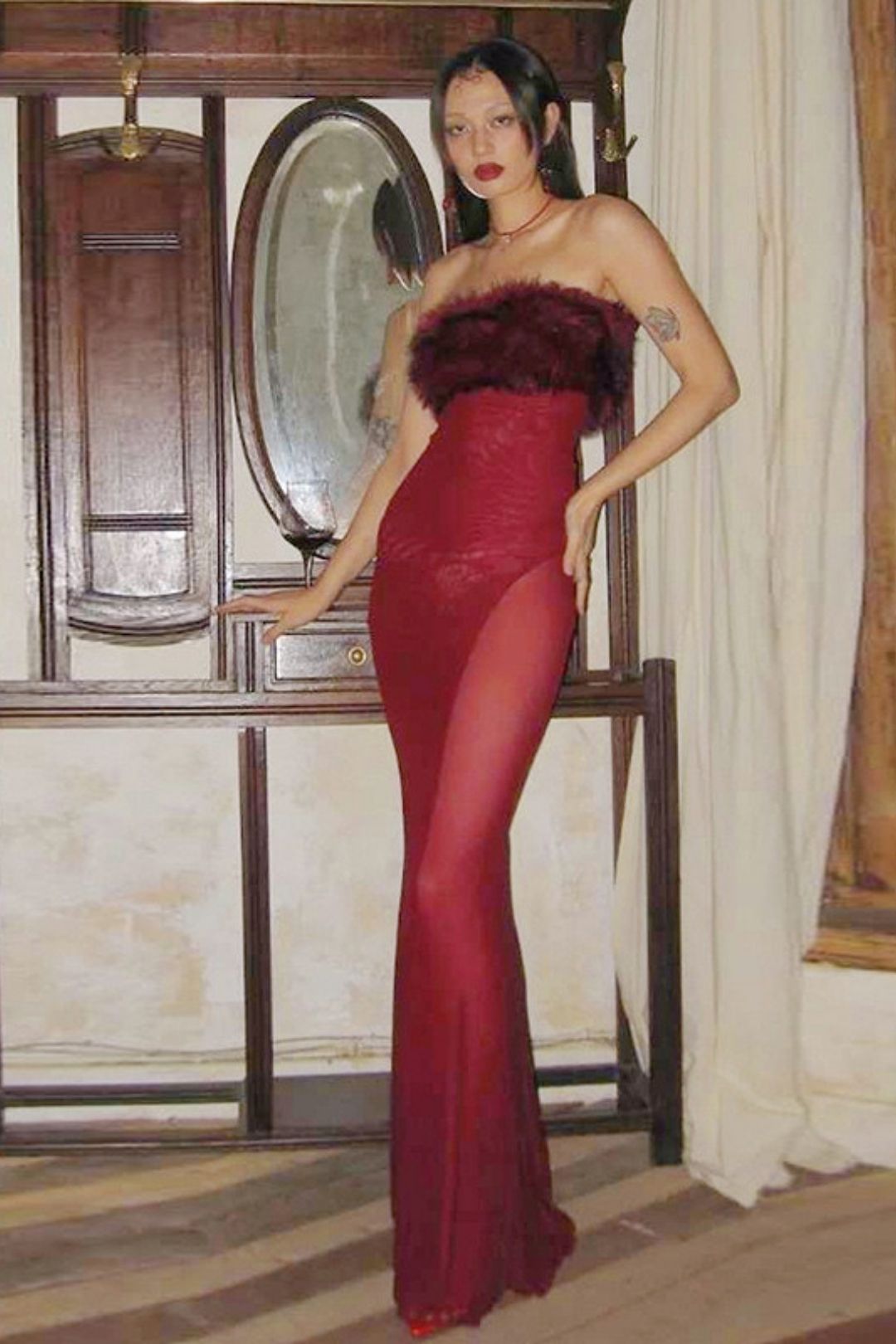 Sexy Backless Fur Collar Splicing Mesh Tube Top Dress