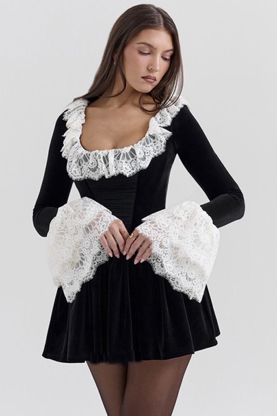 Square Collar Lace Trumpet Sleeve Dress