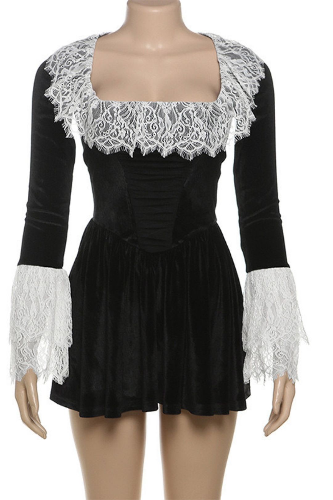 Square Collar Lace Trumpet Sleeve Dress