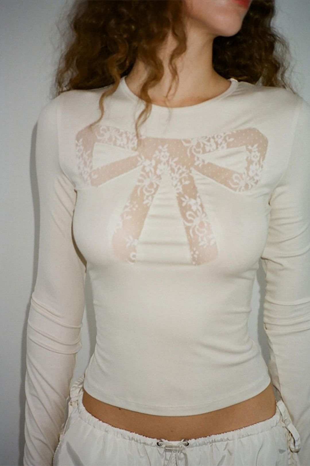 Round Neck Bow Printed Navel-baring Long-sleeved Top T-shirt