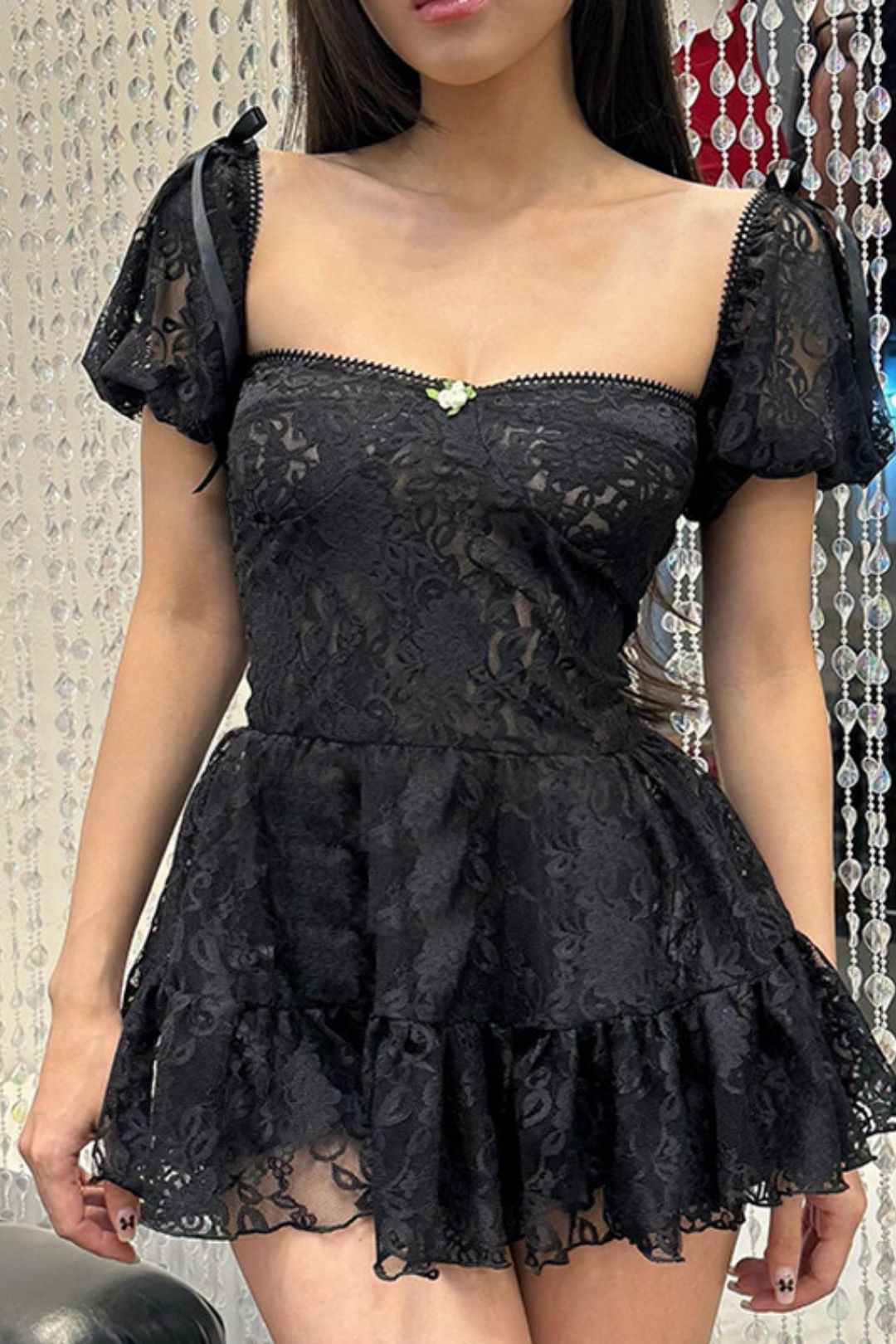 Square Neck Mesh Waist Puff Sleeve Short Sleeve Dress