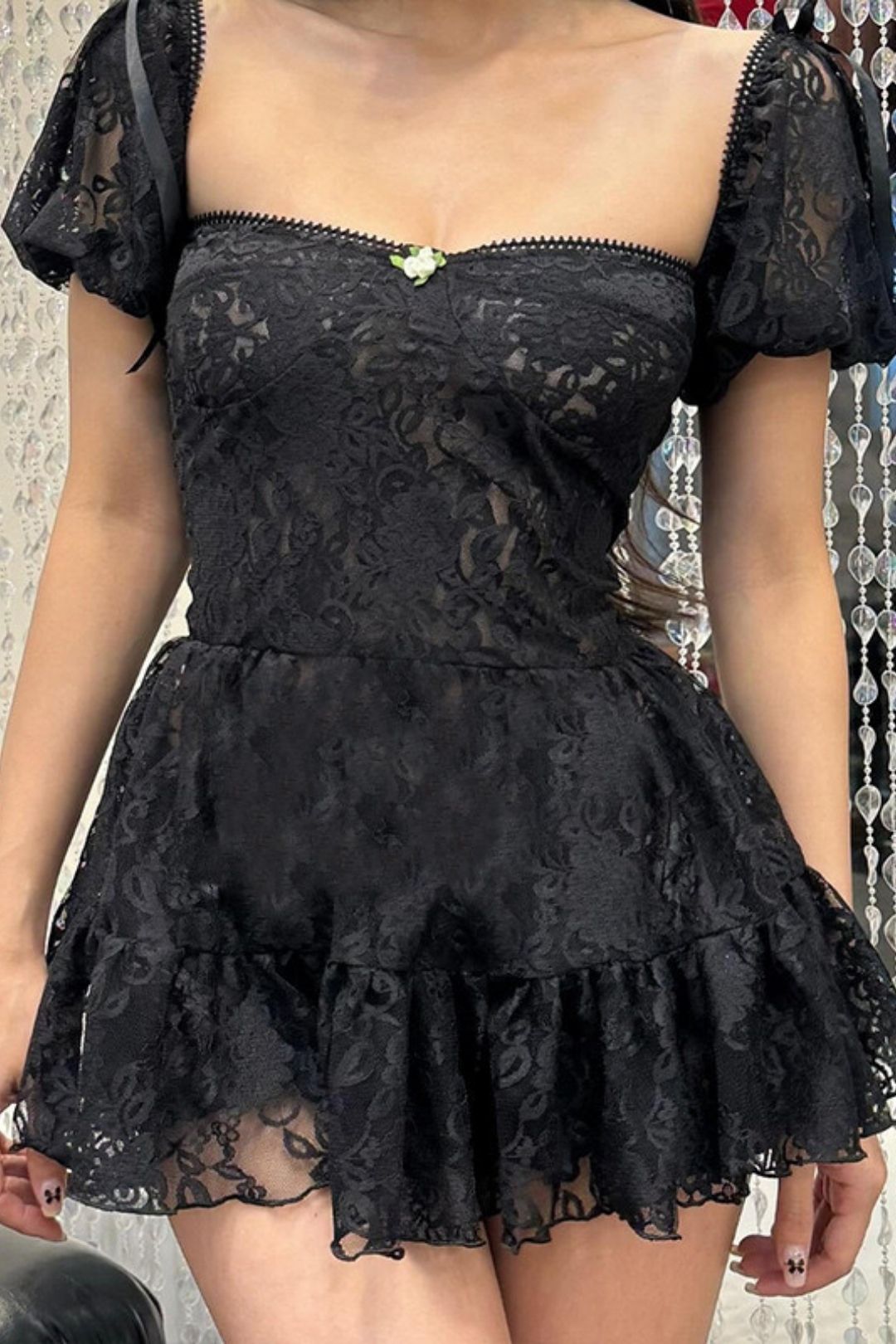 Square Neck Mesh Waist Puff Sleeve Short Sleeve Dress