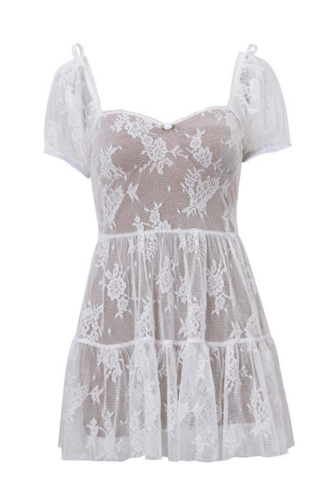 Square Neck Mesh Waist Puff Sleeve Short Sleeve Dress