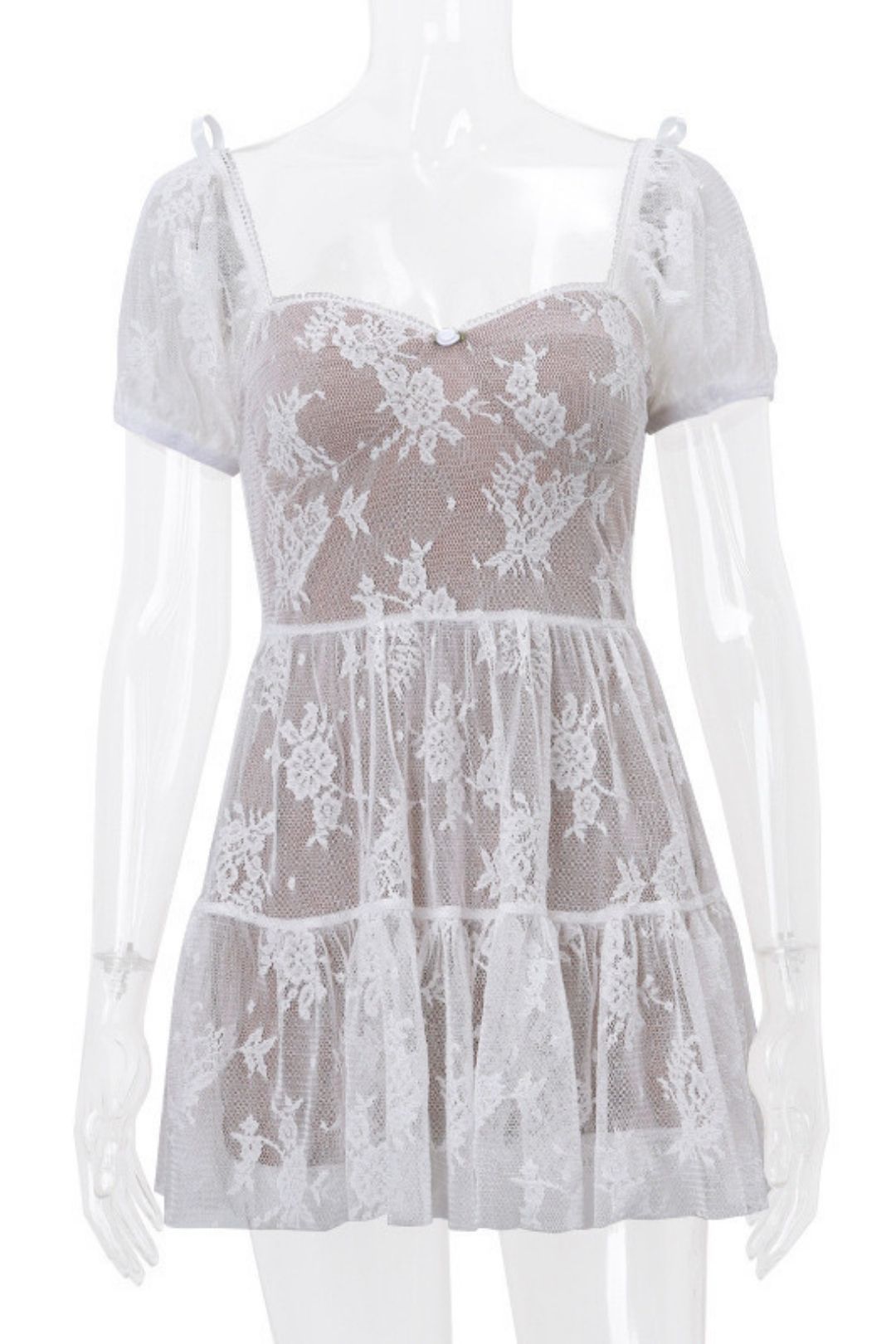 Square Neck Mesh Waist Puff Sleeve Short Sleeve Dress