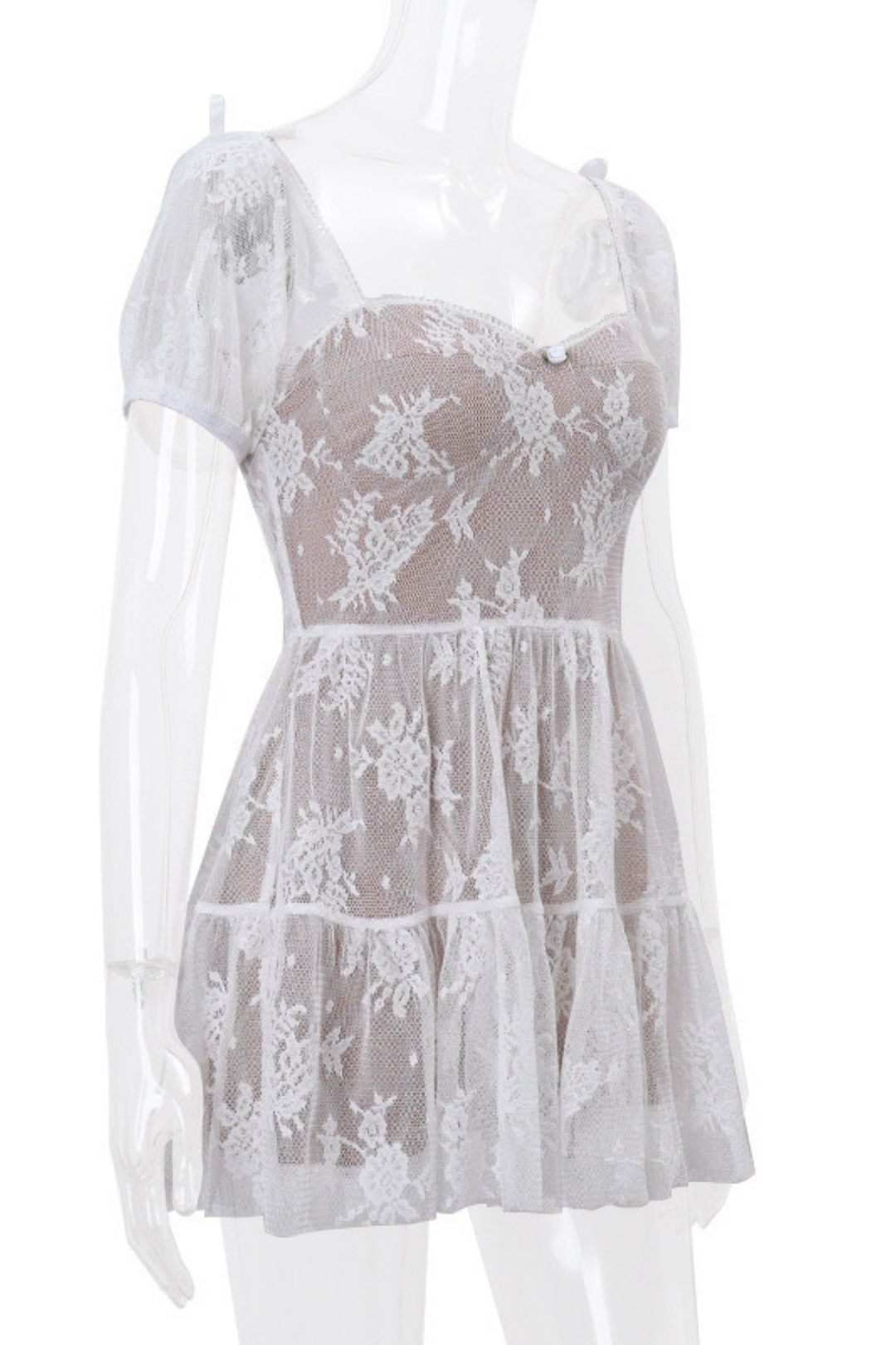 Square Neck Mesh Waist Puff Sleeve Short Sleeve Dress